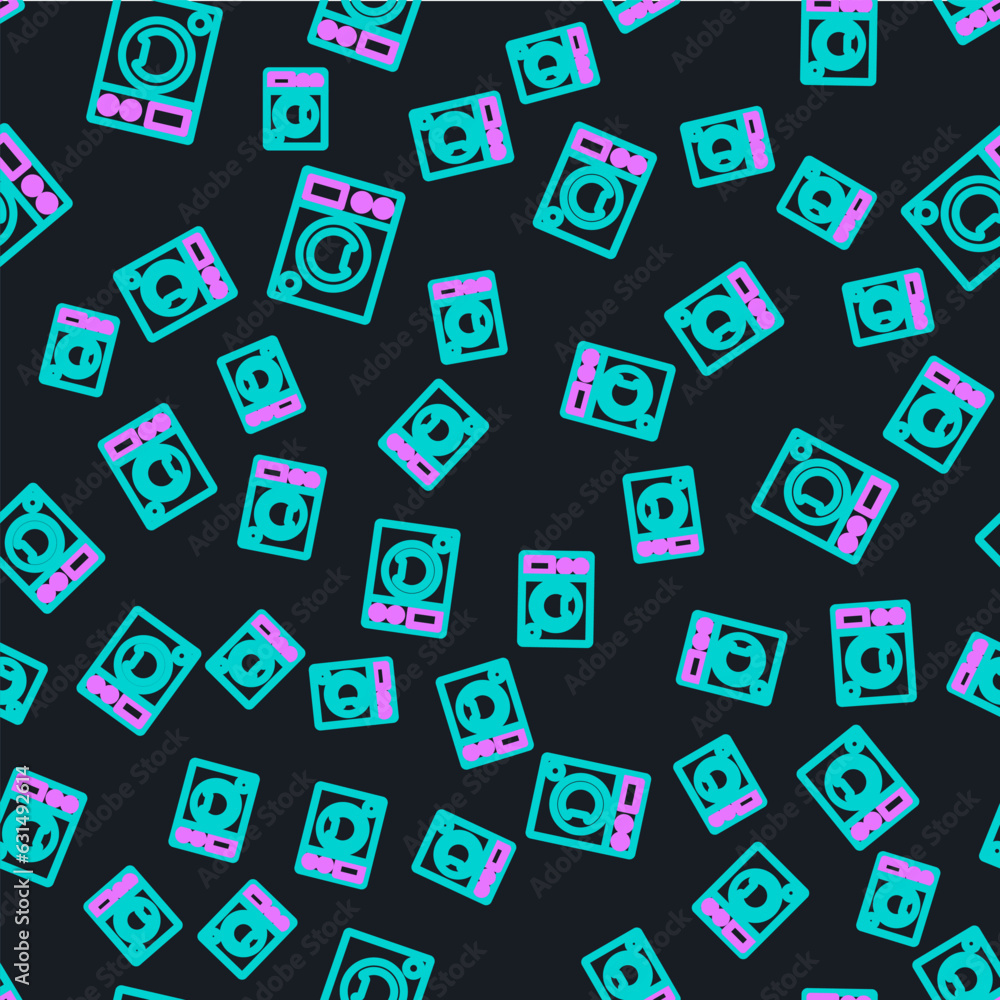 Line Washer icon isolated seamless pattern on black background. Washing machine icon. Clothes washer - laundry machine. Home appliance symbol. Vector Line Washer icon isolated seamless pattern on black background. Washing machine icon. Clothes washer - laundry machine. Home appliance symbol. Vector