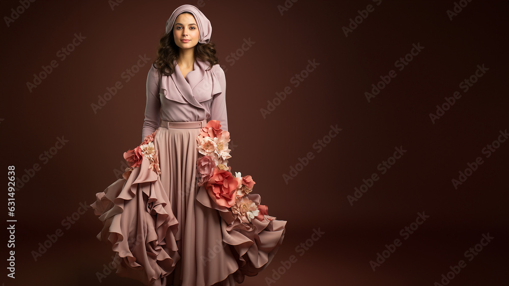 Hübsche Frau präsentiert moderne Retro Folklore Mode mit Kopfbedeckung im verspielten Stil, ai generativ Hübsche Frau präsentiert moderne Retro Folklore Mode mit Kopfbedeckung im verspielten Stil, ai generativ