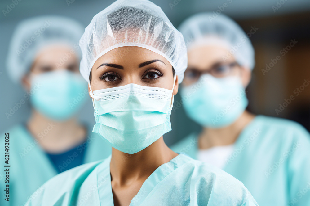 Medical staff in a hospital wearing masks, a confident nurse or doctor looks into the camera with a command behind her back Medical staff in a hospital wearing masks, a confident nurse or doctor looks into the camera with a command behind her back