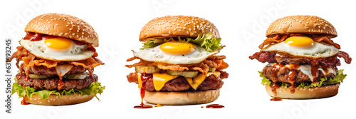 3 Set tasty burger, fried egg, double beef, fried chicken, side view with transparent background, Generative AI