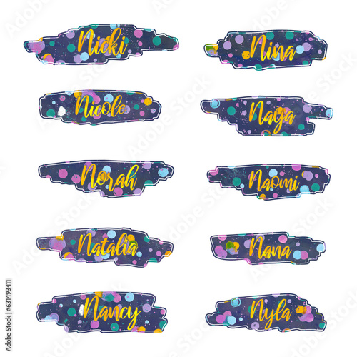girl name stickers with letter N, nicki, nina, nicole, naya, norah, naomi, natalia, nana, nancy, nyla, present, label, gift, tag, stickers, printable, png file photo