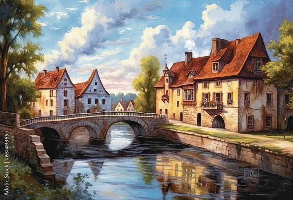 View of river and bridge of old european town
