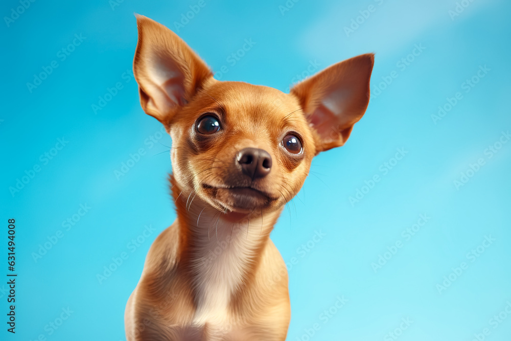 adorable portrait of amazing healthy and happy dog on the blue background