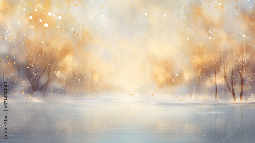 Abstract magic winter landscape with snow and golden bokeh lights Generative AI
