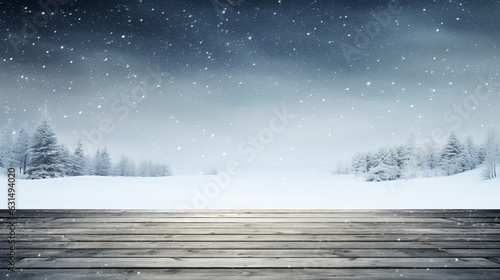 Winter Table - Snowy Plank With Snowfall In The Cold Sky Generative AI © Suleyman