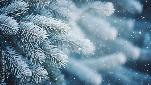 Winter Holiday Evergreen Christmas Tree Pine Branches Covered With Snow and Falling Snowflakes Generative AI © Suleyman
