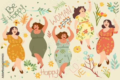 Joyful plump ladies, females in sundresses dancing, flowers around, enjoying life. Embodying no diet day, body love, self acceptance despite extra weight, female freedom, weight positivity. Vector.