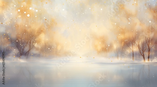 Abstract magic winter landscape with snow and golden bokeh lights Generative AI © Suleyman