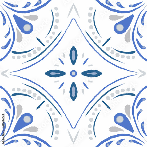 Majolica Vector Pattern. Watercolor Azulejo Seamless Design. Portuguese Patchwork Ornament. Sicilian Mosaic.Ethnic Square Tile. Vintage Talavera Border. Ceramic Background.