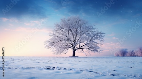 Beautiful tree in winter landscape in late evening in snowfall Generative AI © Suleyman