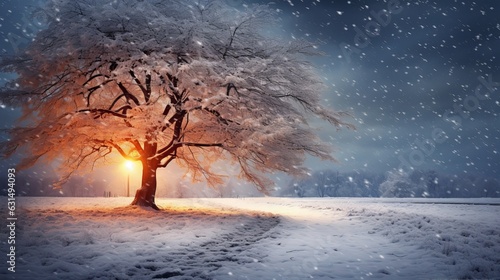 Beautiful tree in winter landscape in late evening in snowfall Generative AI