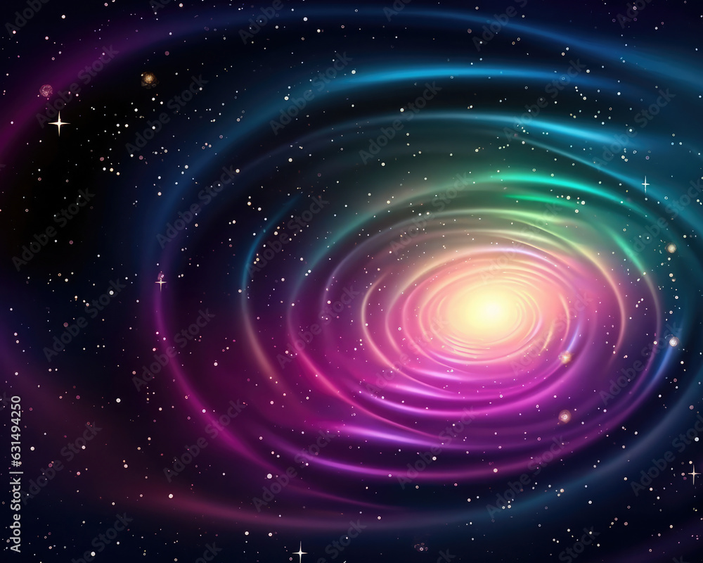 Abstract space background with a glowing cosmic source with spiral emission. Astronomy banner. 