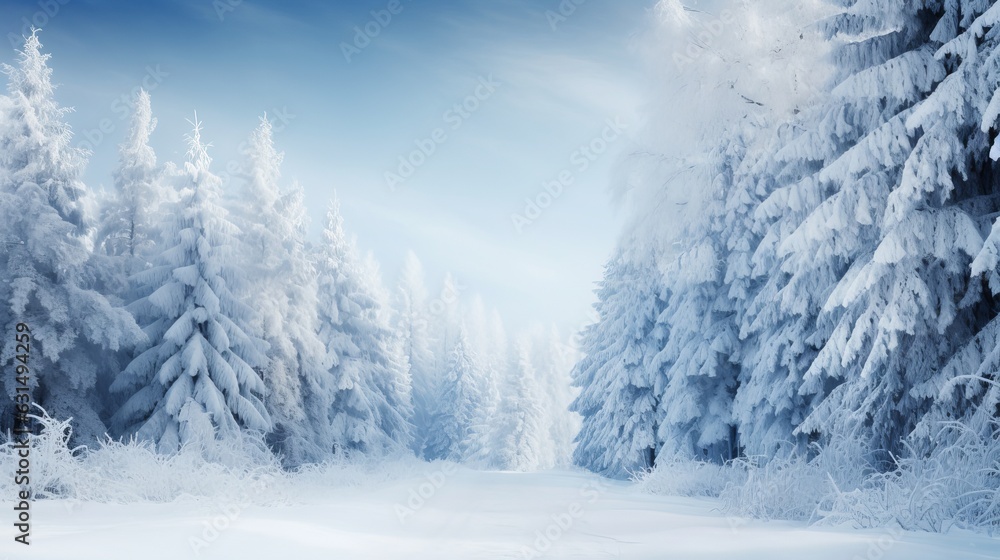Frosty winter landscape in snowy forest. Christmas background with fir trees and blurred background of winter Generative AI - obrazy, fototapety, plakaty 