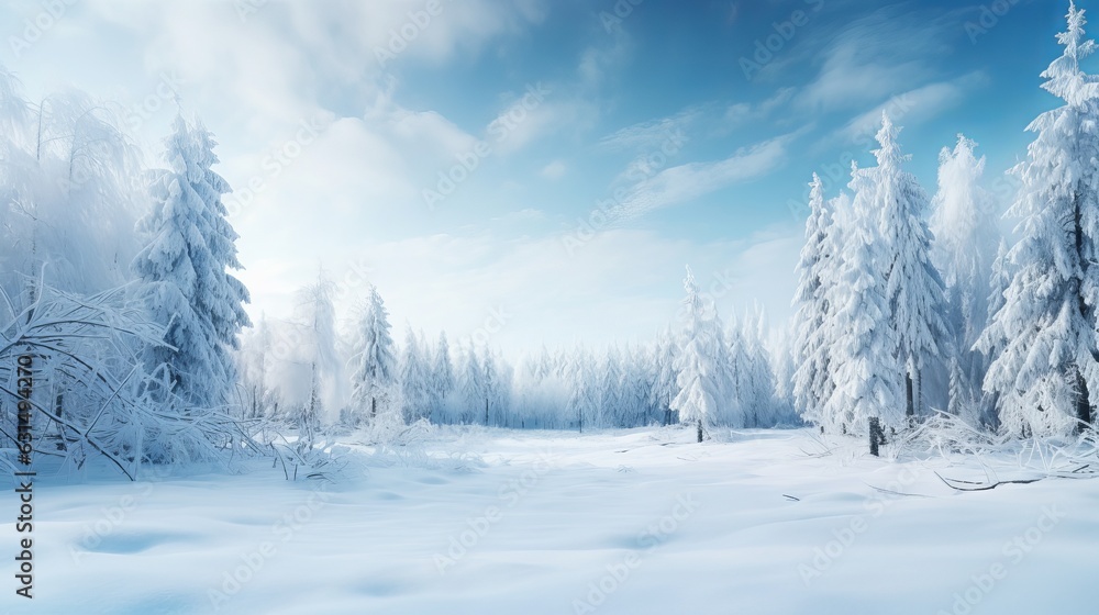 Frosty winter landscape in snowy forest. Christmas background with fir trees and blurred background of winter Generative AI - obrazy, fototapety, plakaty 