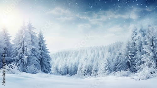 Frosty winter landscape in snowy forest. Christmas background with fir trees and blurred background of winter Generative AI © Suleyman