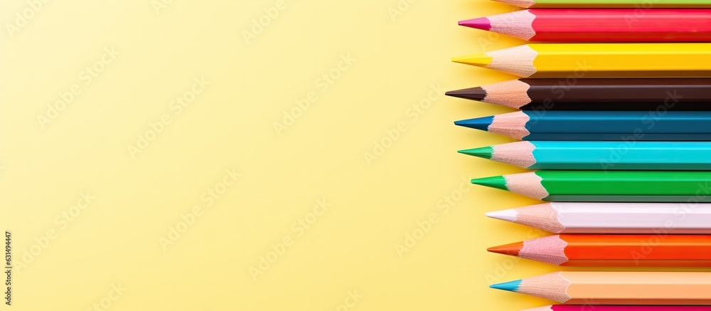 Top view of colored pencils on a light yellow background. Copy space and space for text. Top view of colored pencils on a light yellow background. Copy space and space for text.