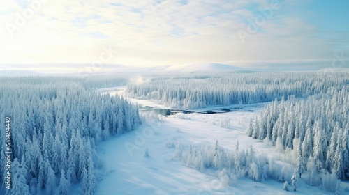 Snowy countryside and forest in winter Rovaniemi Generative AI © Suleyman
