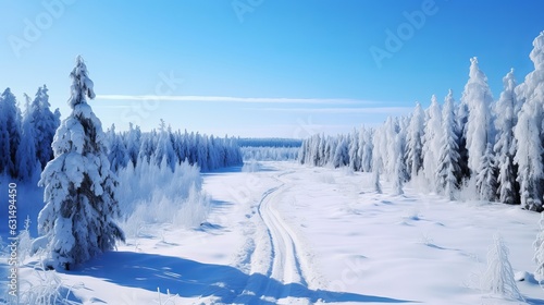 Snowy countryside and forest in winter Rovaniemi Generative AI © Suleyman