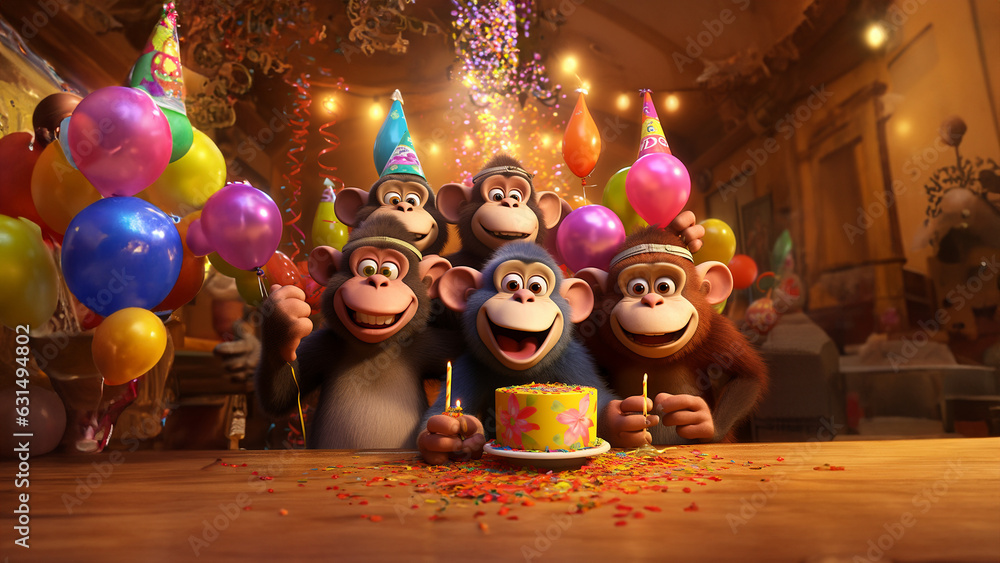 Cartoon lustige Affen zum Geburtstag wünschen viel Glück als Grußkarte