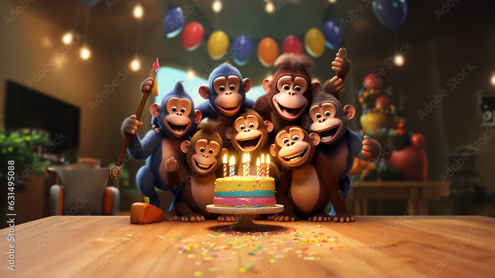Cartoon lustige Affen zum Geburtstag wünschen viel Glück als Grußkarte