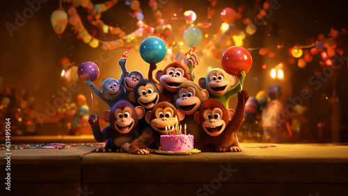 Cartoon lustige Affen zum Geburtstag wünschen viel Glück als Grußkarte Druckvorlage, ai generativ photo