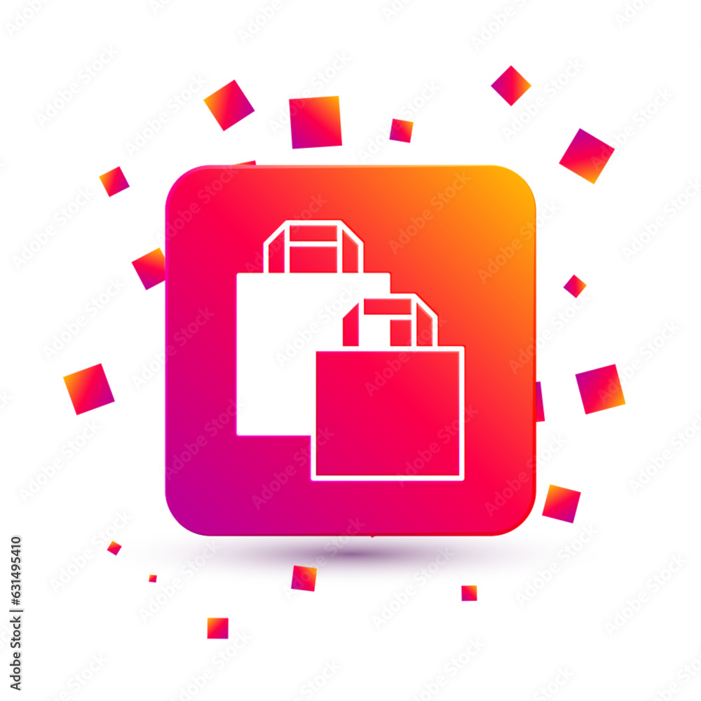 White Paper shopping bag icon isolated on white background. Package sign. Square color button. Vector White Paper shopping bag icon isolated on white background. Package sign. Square color button. Vector