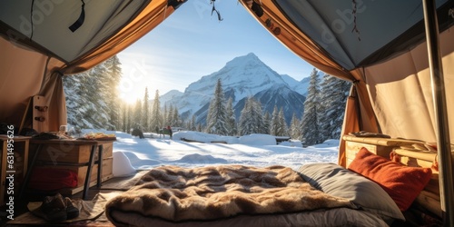 Vivac de supervivencia, tienda de campaña en la montaña, interior de camping super acogedor con muchas mantas