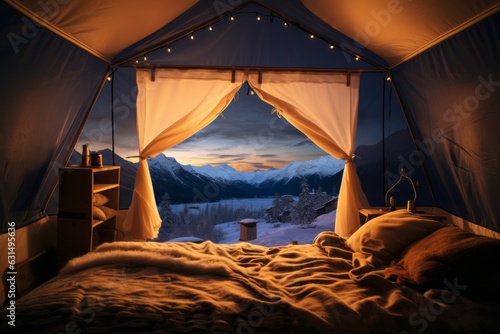 Camping cottagecore a la noche en la naturaleza, glamping en la nieve con luces cálidas, interior al anochecer de una preciosa tienda de campaña en la nieve, vivac en la montaña photo