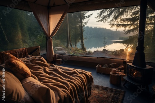 Hotel rural con vistas a un precioso lago al atardecer, chimenea de leña en el interior de un glamping, tienda de campaña de lujo al amanecer 