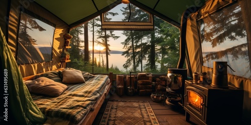 Interior de tienda de campaña con estufa de leña con vistas a la naturaleza, camping al amanecer en la naturaleza, cabaña con sofá en mitad del bosque