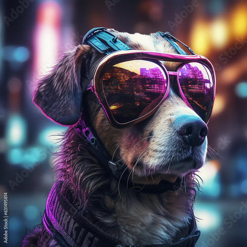Epic Cyberpumk Dog Neon Retro Wave Style