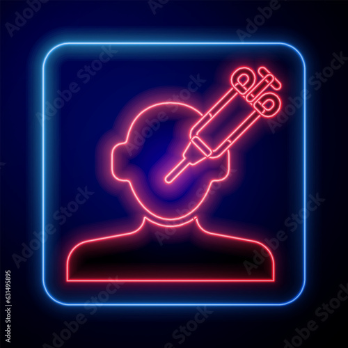 Glowing neon Addiction to the drug icon isolated on black background. Heroin, narcotic, addiction, illegal. Sick junkie with a syringe and medical pills. Vector