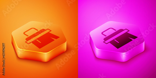 Isometric Sauna brush icon isolated on orange and pink background. Wooden brush with coarse bristles for washing in the bath. Anti cellulite massage. Hexagon button. Vector