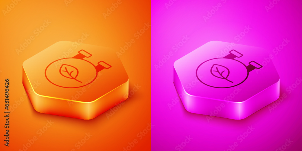 Isometric Eco shop icon isolated on orange and pink background. Organic shop or eco products sign. Hexagon button. Vector Isometric Eco shop icon isolated on orange and pink background. Organic shop or eco products sign. Hexagon button. Vector