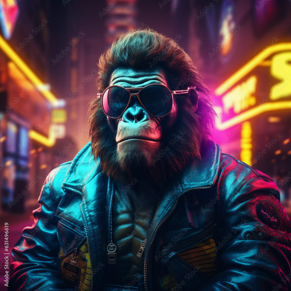 Epic Cyberpumk Gorilla Neon Retro Wave Style