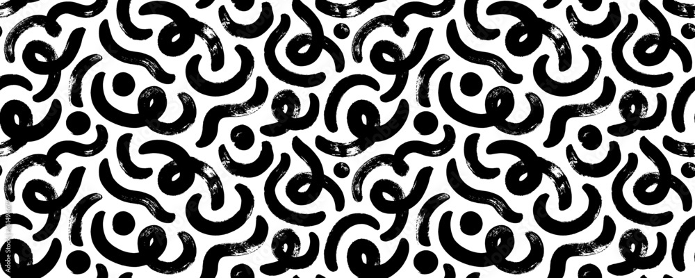 Fun bold line doodle and dots seamless pattern. Creative abstract squiggle style drawing vector background. Brush drawn bold squiggle lines with loops and thick dots. Childish vector pattern.