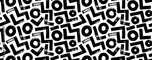 Abstract geometric pattern with zigzags, triangular lines and circles. Brush drawn bold geometric shapes with grunge texture. Vector creative banner background with simple shapes and figures.