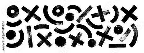 Collection bold brush drawn geometric shapes like circles or dots, crosses and arches. Hand drawn isolated arches, x and dots with rough edges. Vector grunge geometric bold shapes.