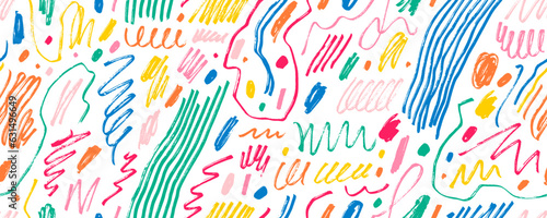 Colorful seamless pattern with charcoal scribbles, swirls and squiggles. Hand drawn childish rough crayon vector strokes. Grunge doodle background with multi colored various simple curved lines.