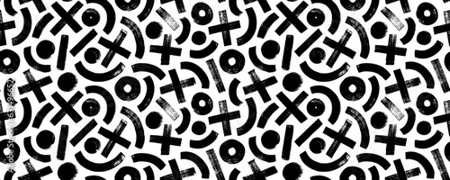 Seamless pattern with brush drawn arches, x and circles. Contemporary vector geometric ornament with simple forms. Banner background with grunge crosses, dots and semi circles. Geometric shapes.