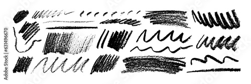 Charcoal pencil curly lines, squiggles and shapes. Charcoal pencil scribble vector set. Hand drawn chalk smears and thin lines. Crayon sketch with noise texture. Marker childish scribbles.