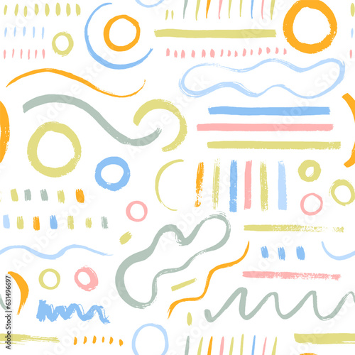 Creative abstract squiggle style drawing multi colored background. Brush drawn various shapes seamless pattern. Simple childish scribble ornament. Creative abstract different doodles and shapes.