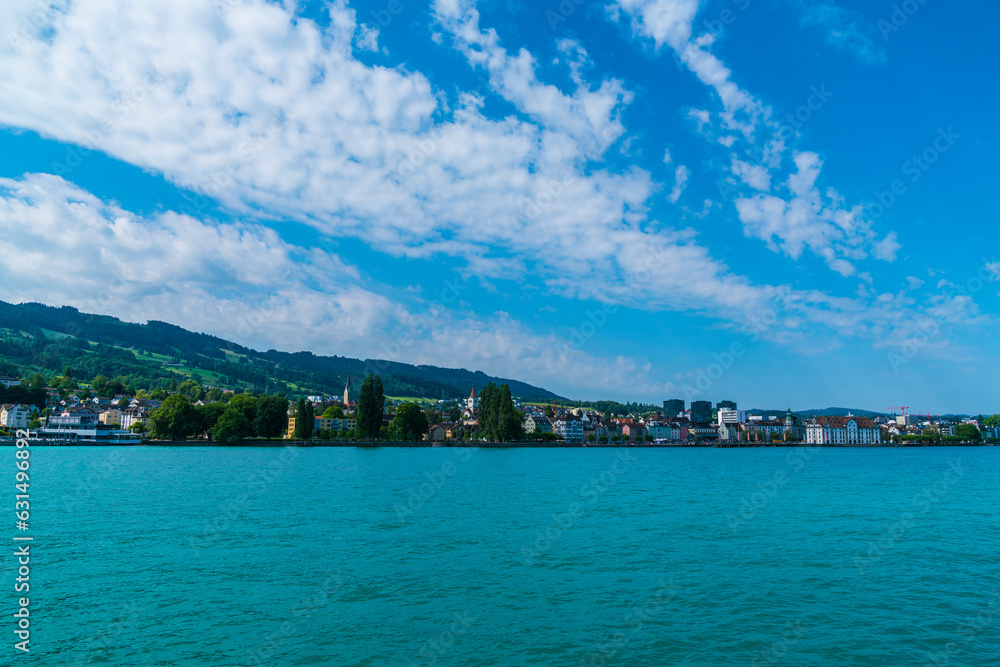 Switzerland, Rorschach city urban houses coastline bodensee lake constance water panorama view buildings houses and landscape
