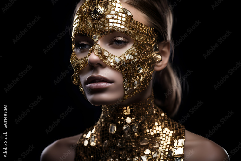 A beautiful young woman made from gold and diamonds, studio lighting. Generative AI A beautiful young woman made from gold and diamonds, studio lighting. Generative AI