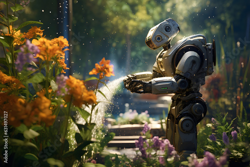 Humanoid robot watering flowers
