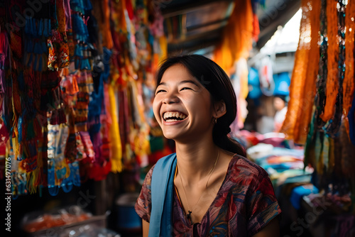 A teenage Asian girl laughing wholeheartedly as she walks through a colorful street market, her face aglow with pure joy and infectious energy. Generative AI