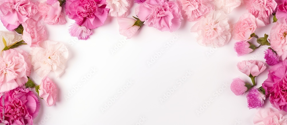 A pink carnation flower frame on a white background with a blank space in the middle. It is