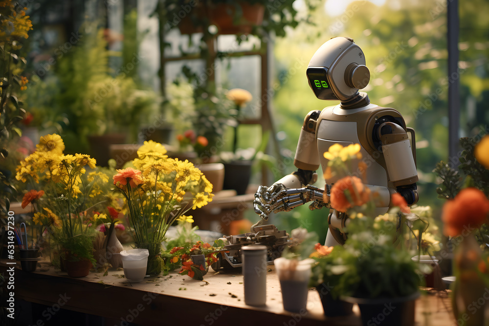 Humanoid robot doing gardening work Humanoid robot doing gardening work