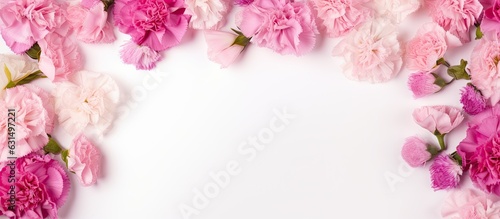 A pink carnation flower frame on a white background with a blank space in the middle. It is