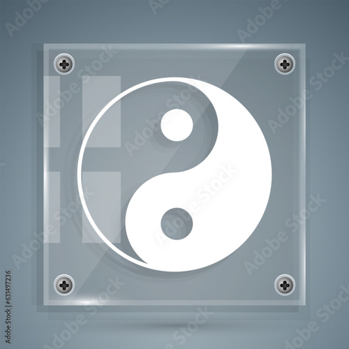 White Yin Yang symbol of harmony and balance icon isolated on grey background. Square glass panels. Vector